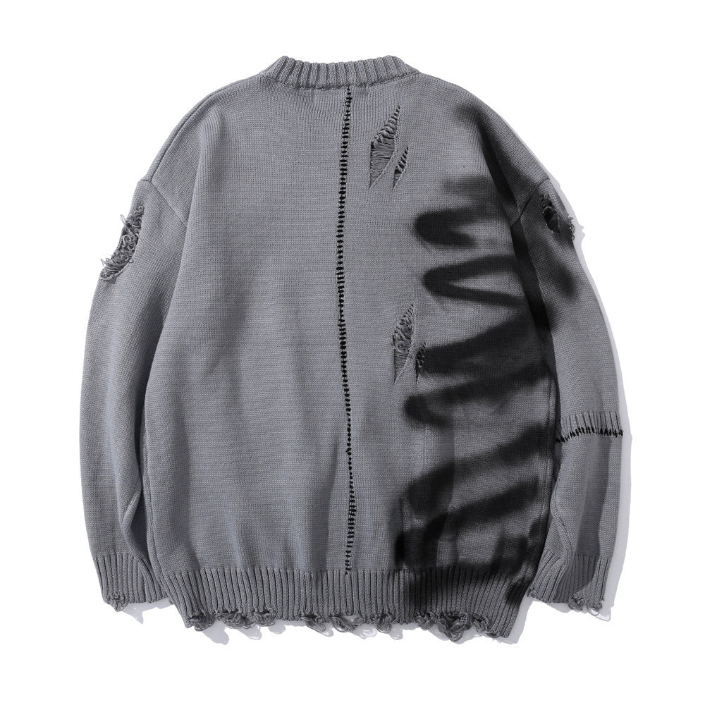 Graffiti Print Crew Neck Knit Sweater Men's Loose Fit Pullover with Hem Holes Street Style Trendy Design
