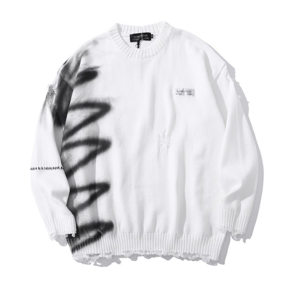 Graffiti Print Crew Neck Knit Sweater Men's Loose Fit Pullover with Hem Holes Street Style Trendy Design
