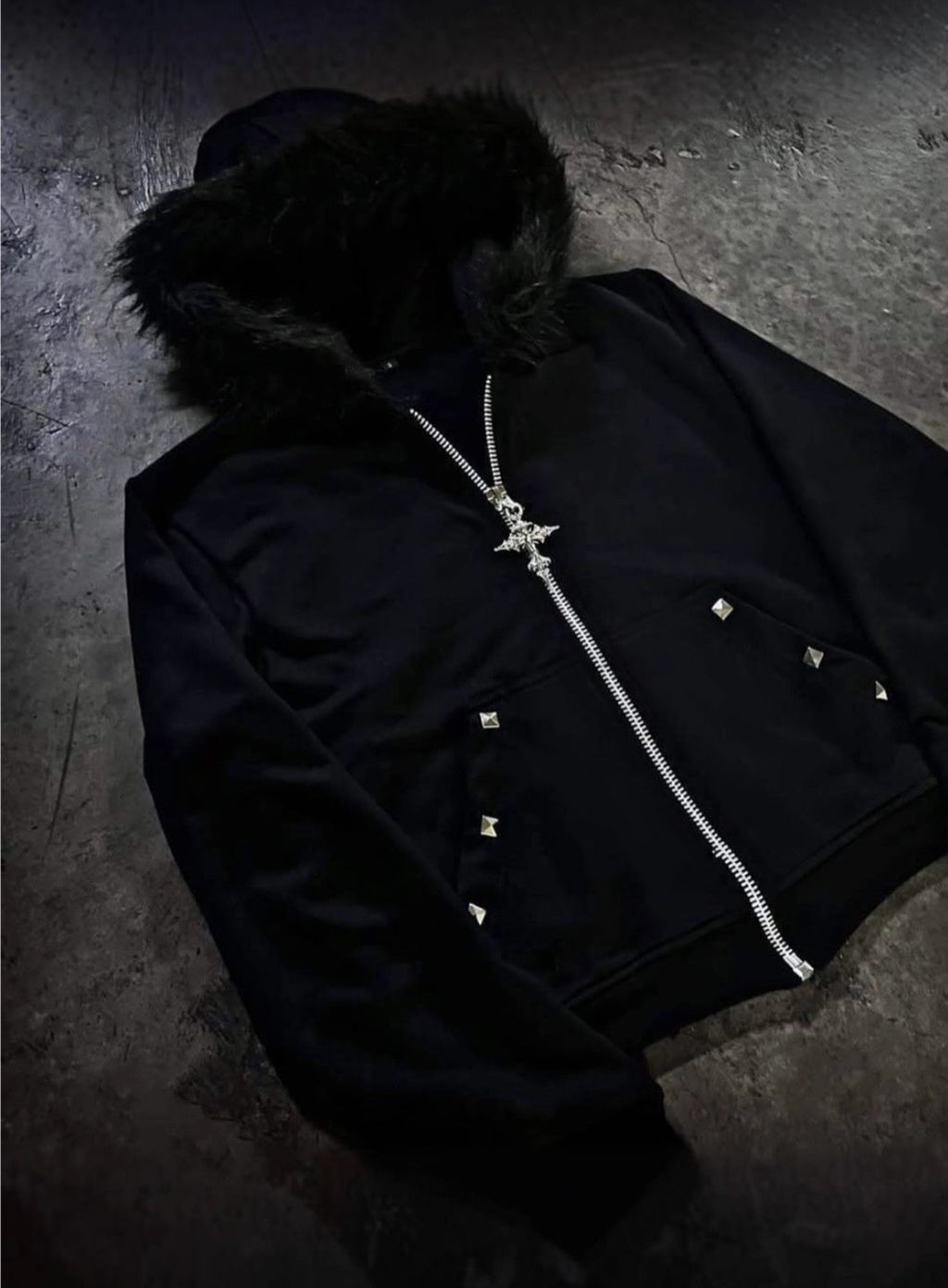 Letter-print Rhinestone-studded Hooded Loose-fit Zip-up Coat For Fallwinter Hip-hop Style