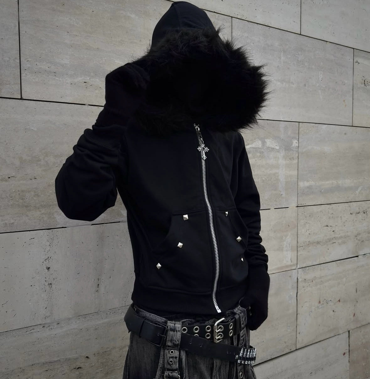 Letter-print Rhinestone-studded Hooded Loose-fit Zip-up Coat For Fallwinter Hip-hop Style